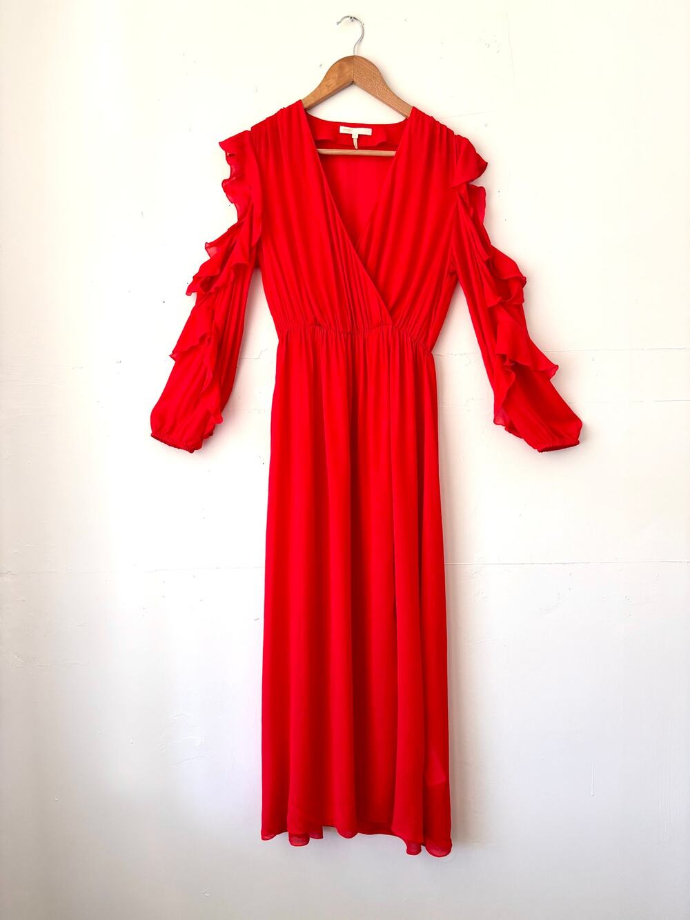 $515 Maje Red Ruffle Cold Shoulder Maxi Dress Wedding Guest Formal Gown- Size 2